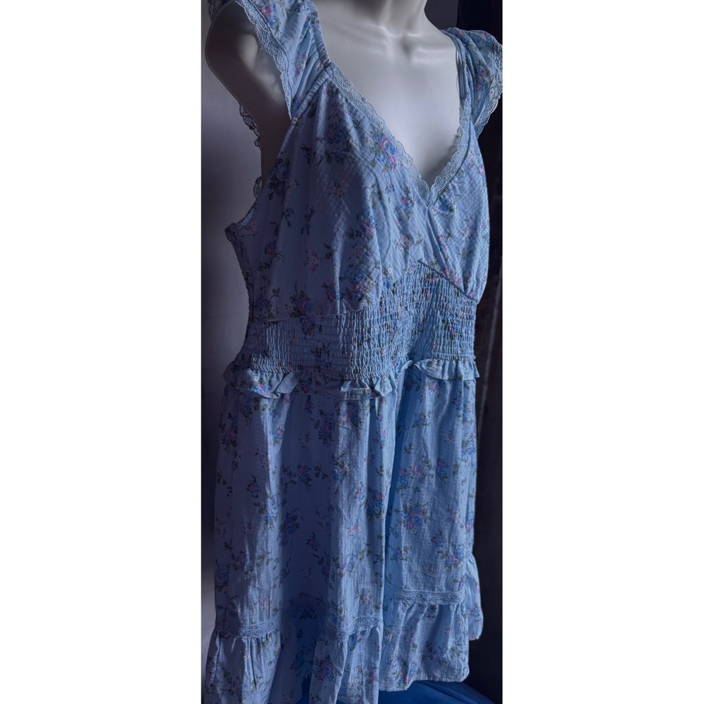 Wild Fable Blue Floral Smocked Mini Dress XXL Lace Trim Ruffle Cottagecore